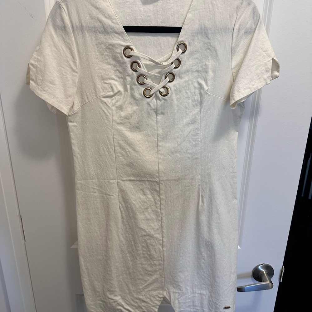 White Lace-Up Short Sleeve Dress